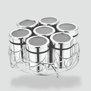 Set of seven stainless steel spice jars with transparent lids in a round metal holder